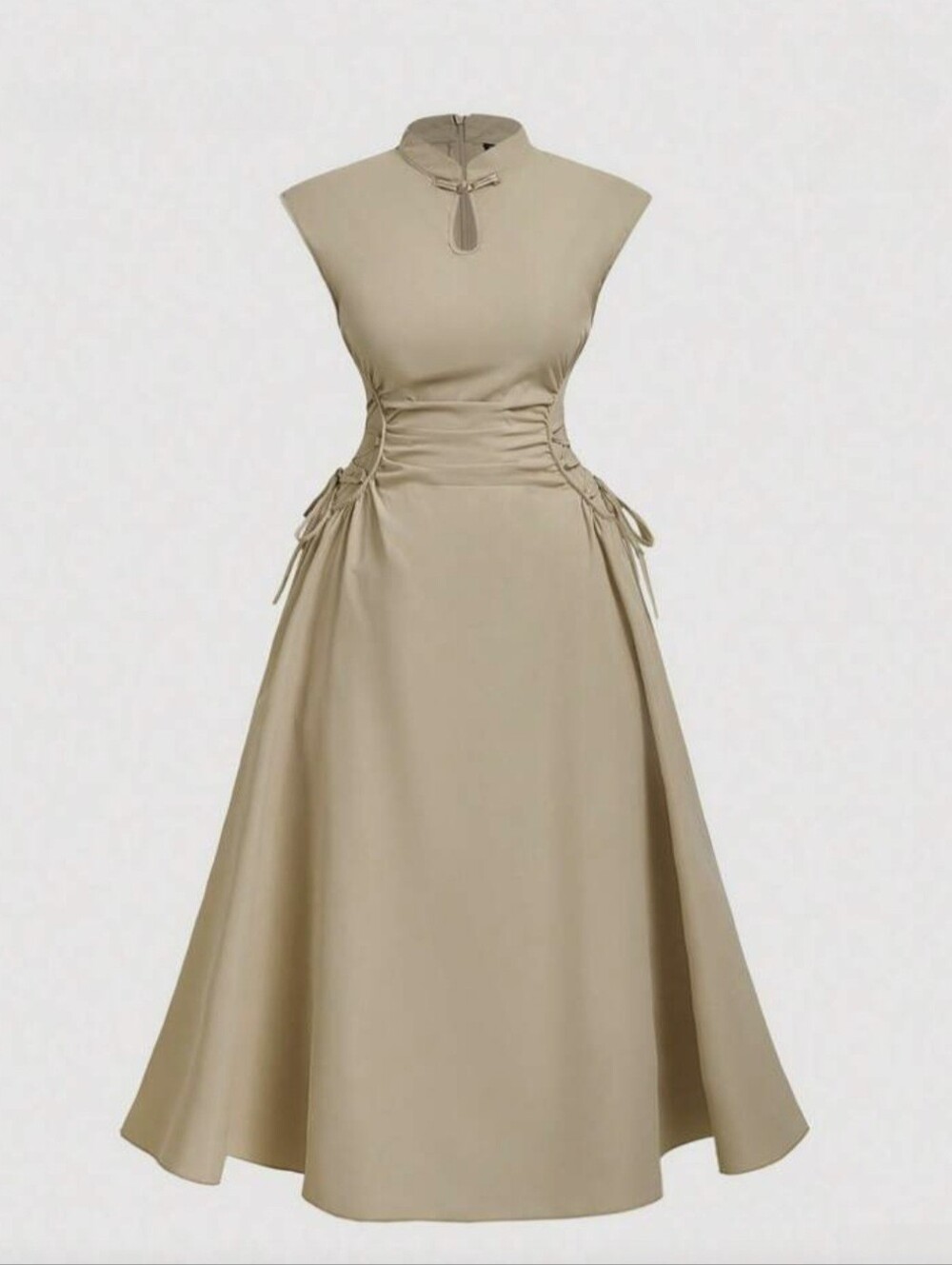 Cheongsam Mandarin Collar Sleeveless Ruched Midi Khaki Dress Size 14 (XL)